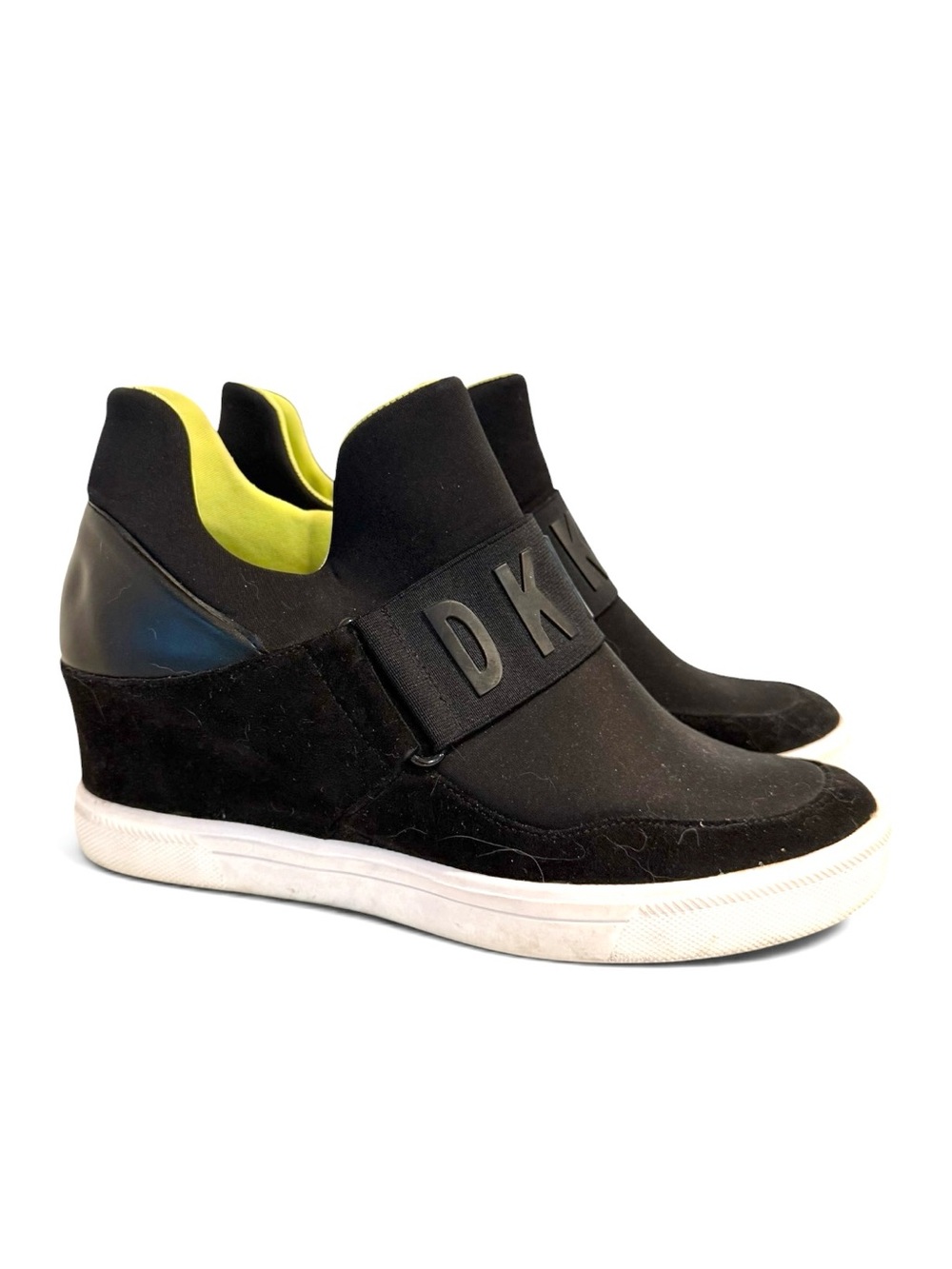 DKNY Cosmos Wedge Sneakers Black Logo Strap Size 9